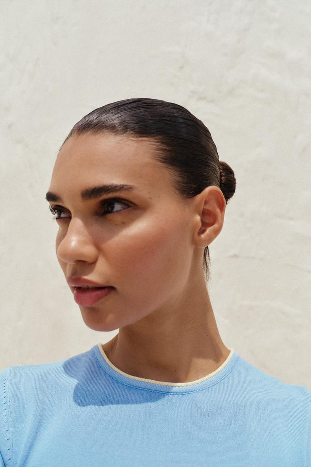 ZARA ТРИКОТАЖНЫЙ ТОП С ОКАНТОВКОЙ, ГОЛУБОЙ