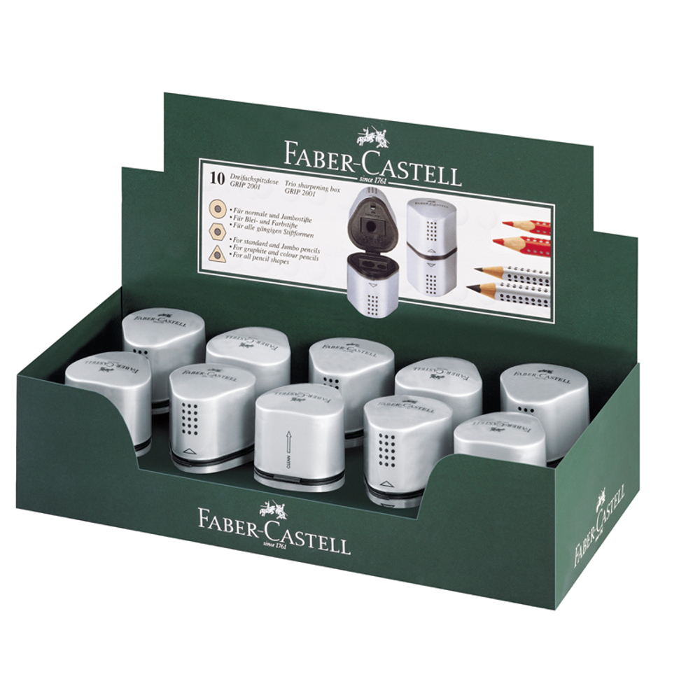 Точилка пластиковая Faber-Castell "Trio Grip 2001" 3 отверстия, 2 контейнера, серебряная