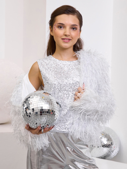 Костюм тройка брючный праздничный с пайетками для девочки металл серебро