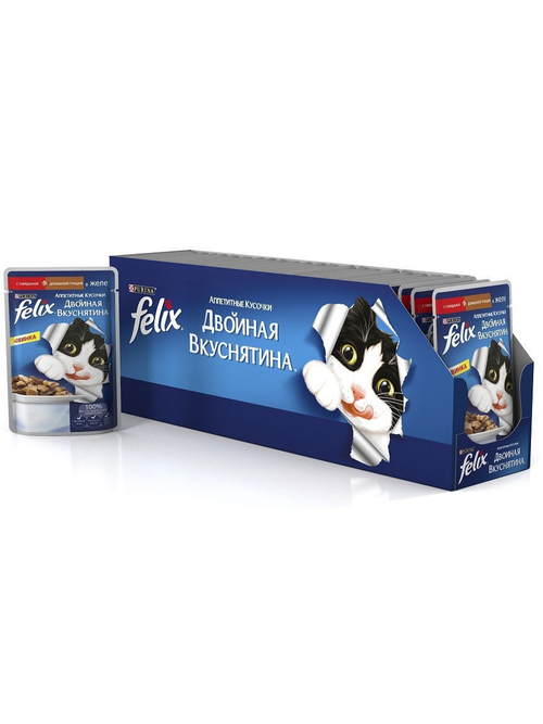 Влажный корм Felix Двойная вкуснятина для кошек, говядина птица в желе, 26 шт x 85 г