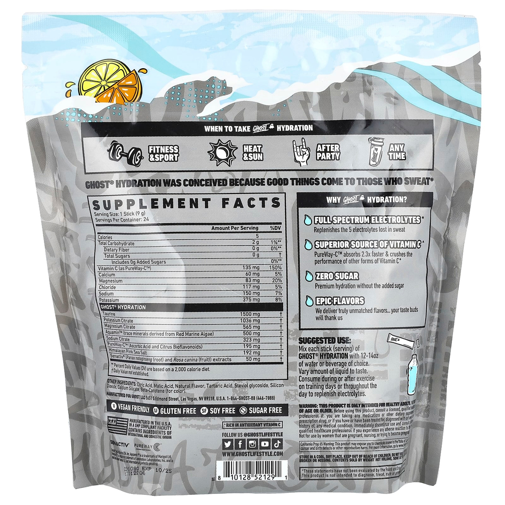 Ghost, Hydration, лимонный сок, 24 стика по 9 г (0,32 унции)