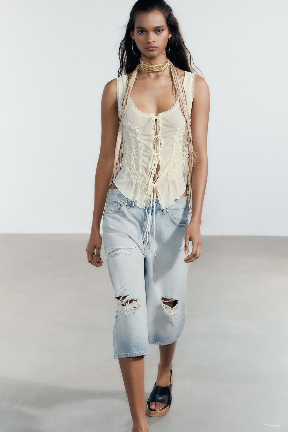 ZARA ТОП СО СБОРКАМИ И ЗАВЯЗКАМИ, ЖЕЛТЫЙ