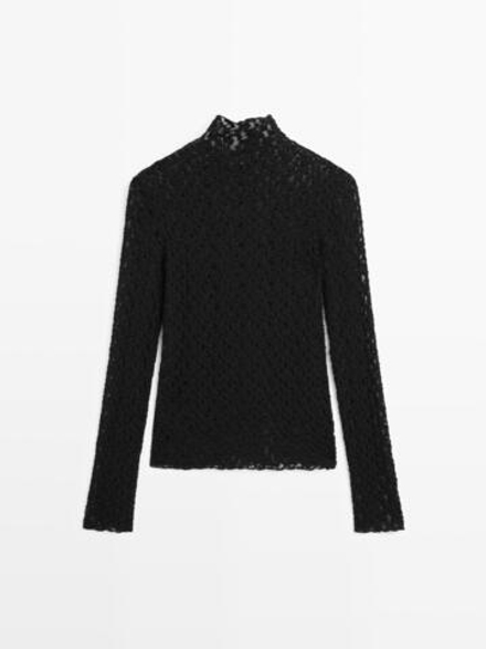 Massimo Dutti Кружевной топ с длинными рукавами, черный