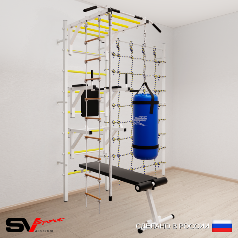 Шведская стенка Sv Sport усиленная 66510 (Турник рукоход/Брусья/Стойка/Скамья/Канат/Лестница/Цепь/Мешок 15кг/Канатный лаз)