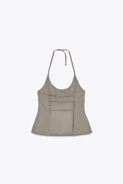 ZARA ТОП С ГОРЛОВИНОЙ ХАЛТЕР В ПОЛОСКУ, ТЕМНО-СЕРЫЙ