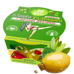 Оливки Халкидики с перчиком Джалапено в маринаде с прованскими травами 28Olives, 150 г, упаковка с оливкой