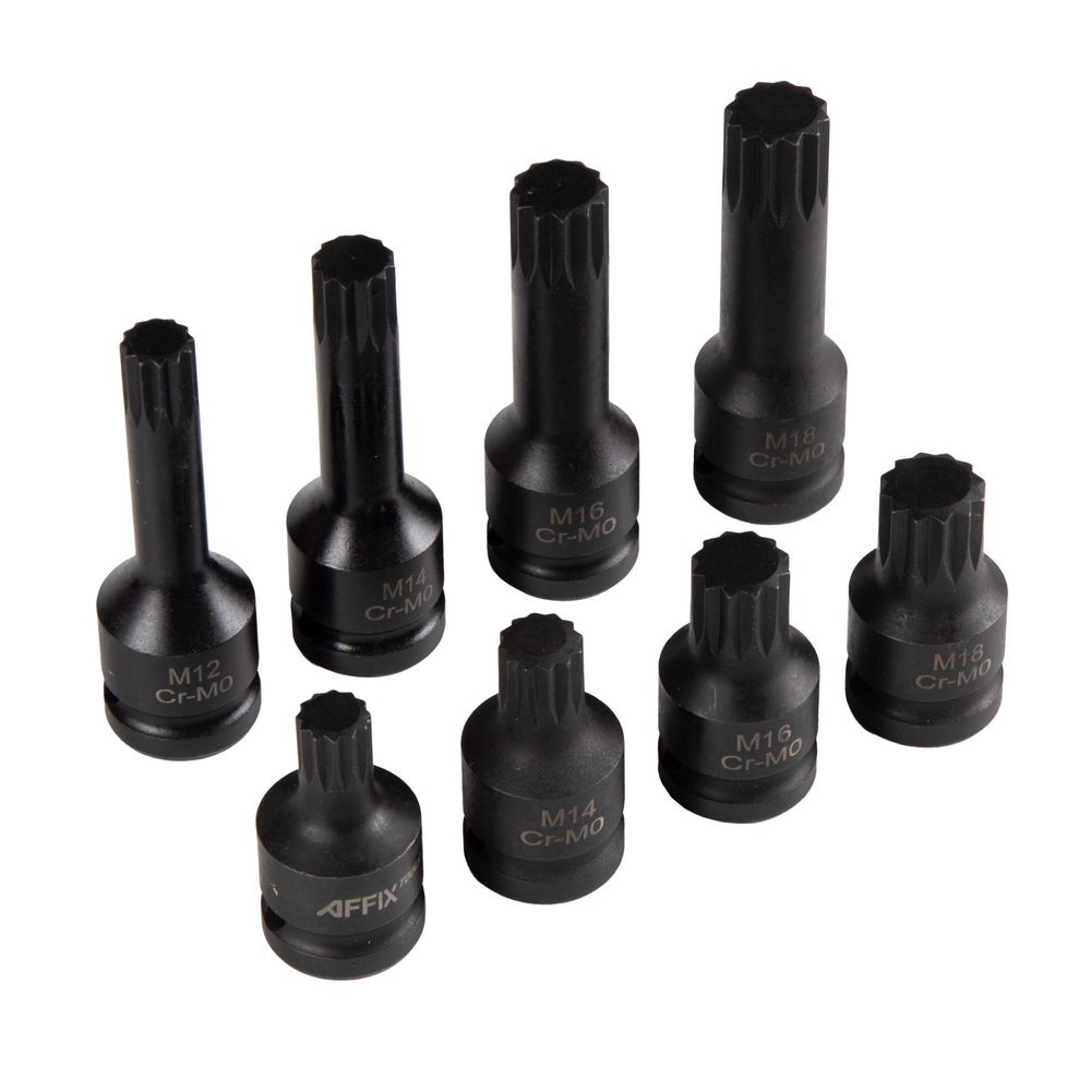 AFFIX (AF00746008C) Набор ударных торцевых насадок 1/2", Spline, M12-M18, I = 45-78 мм, кейс, 8 предметов
