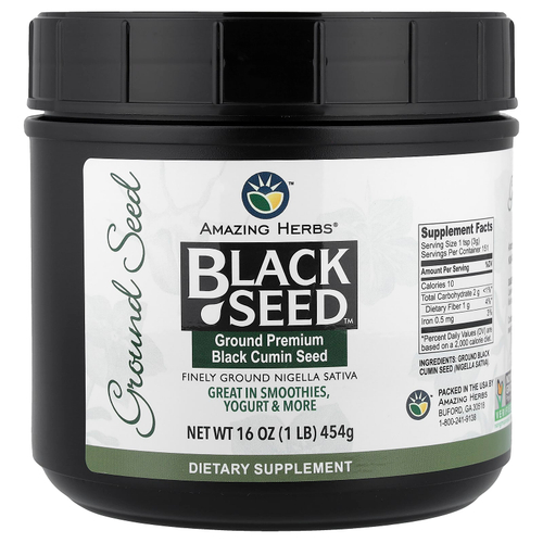 Amazing Herbs, Black Seed™, молотые семена черного тмина премиального качества, 454 г (1 фунт)