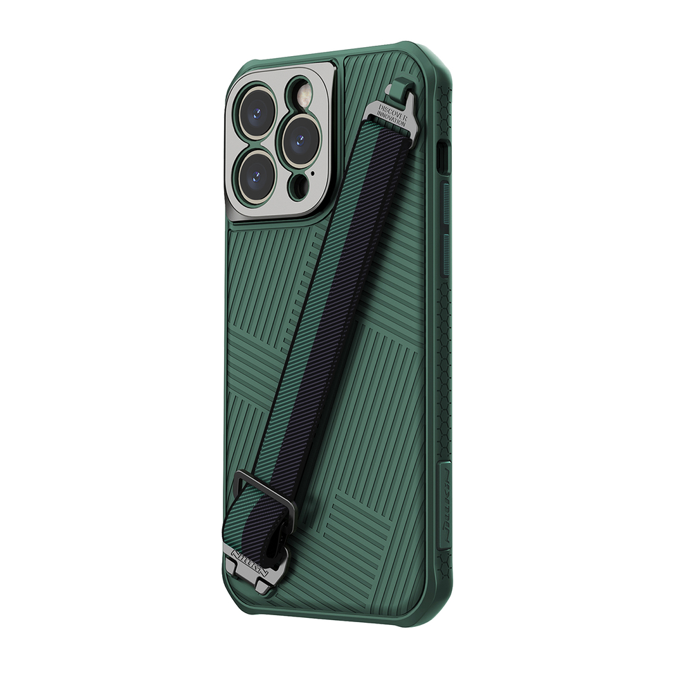 Защитный чехол зеленого цвета от Nillkin с ремешком на руку для iPhone 14 Pro Max, серия Strap Case, металлическая рамка для линз камеры