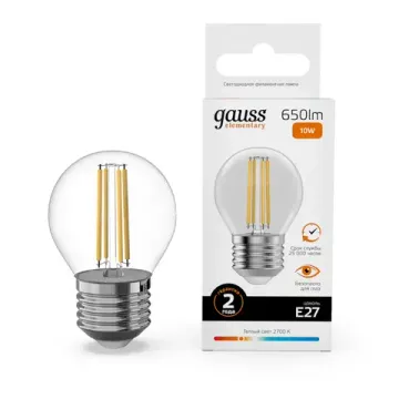 Лампа Шар 10W 650lm 2700К Е27 LED 52210 Filament Elementary Gauss