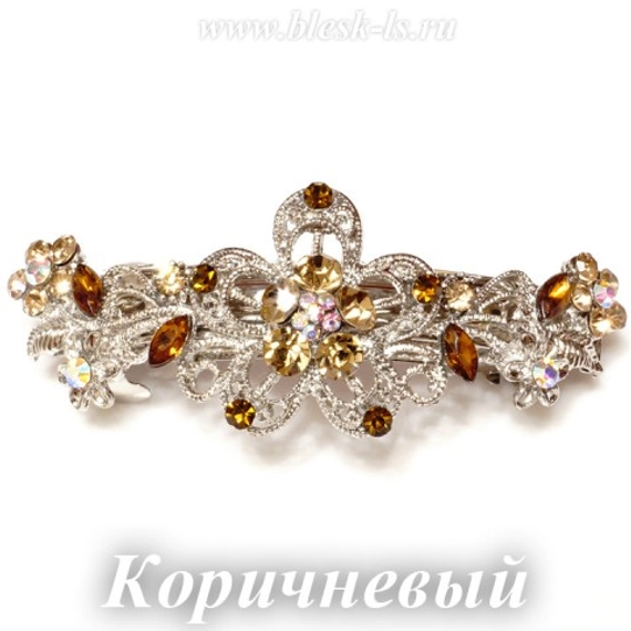Заколка с замком на серебристой основе "Цветок", Коричневый