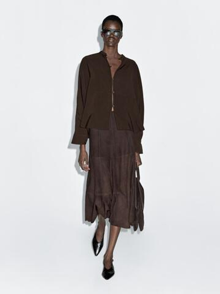 Massimo Dutti Рубашка с воротником-стойкой и декоративными швами спереди, коричневый