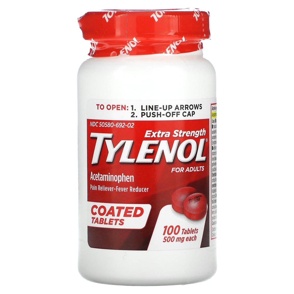 Tylenol, ацетаминофен с повышенной силой действия, для взрослых, 500 мг, 100 таблеток, покрытых оболочкой