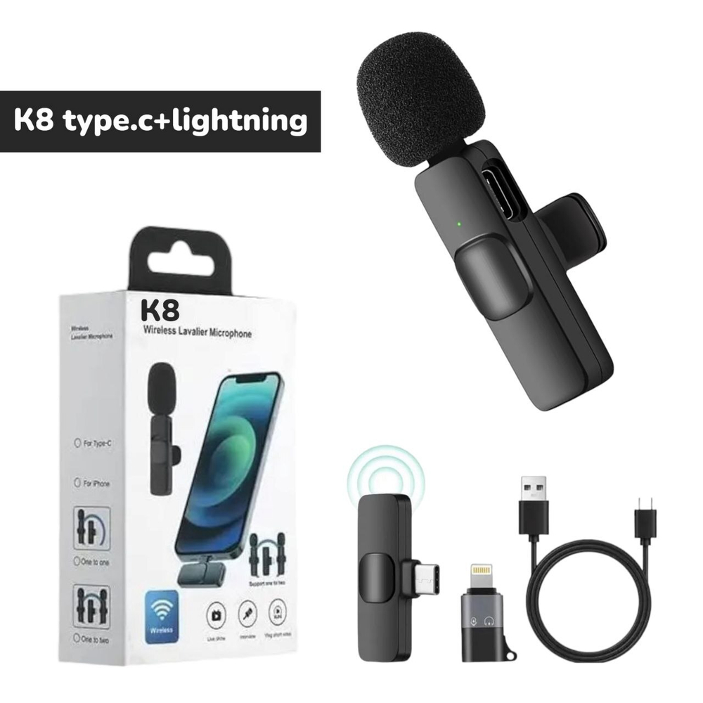 Беспроводной петличный микрофон K8 Type-C + Lightning (черный)