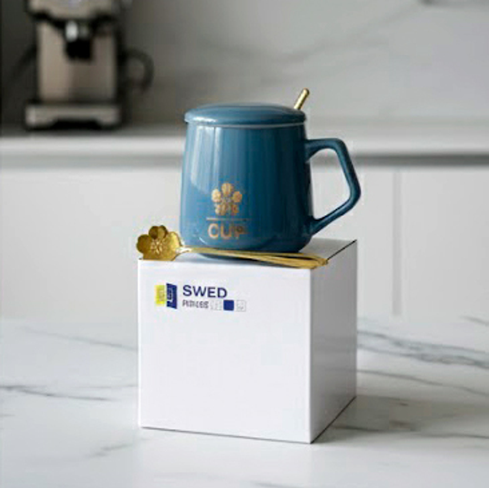 Керамическая кружка с крышкой и ложкой, 9,5*7,7 см, темно-зеленый/серый, 400 мл