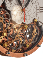 Деталь механизма часов WOODandROOT Automaton Bite 1695 — вращающиеся шестерёнки и отражение света на металлических элементах