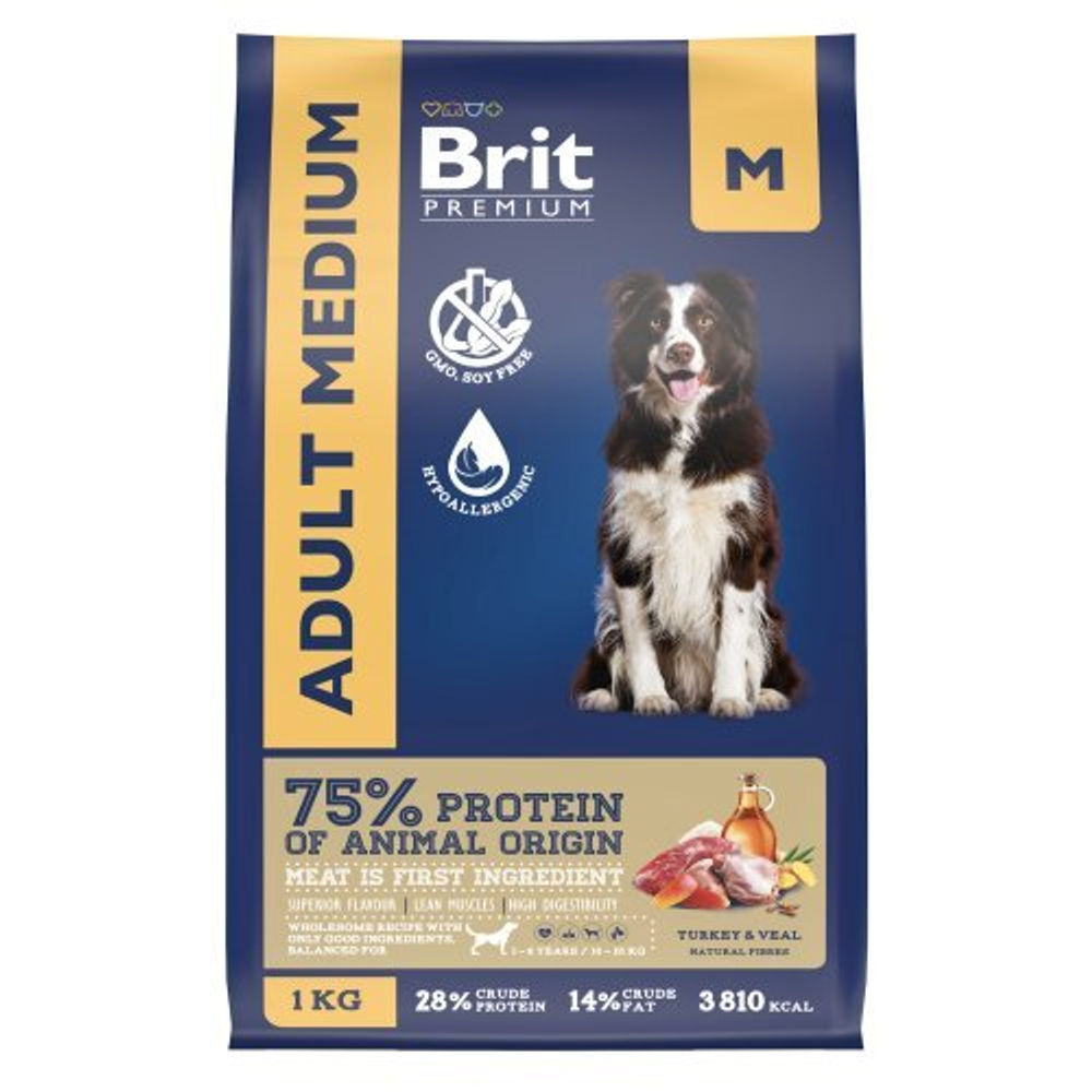 Корм для собак сухой BRIT PREMIUM с индейкой и телятиной для собак "Dog Adult Medium",1 кг