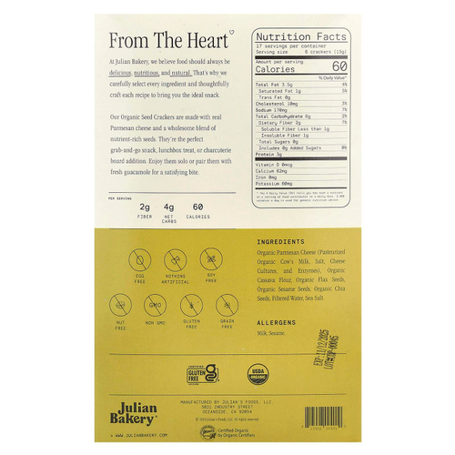 Julian Bakery, Органические крекеры, пармезан, 238 г (8,4 унции)