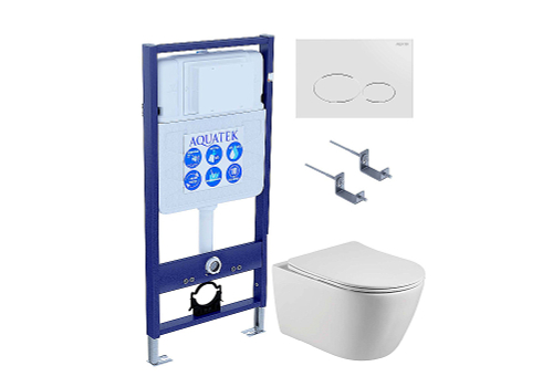 Унитаз подвесной с инсталляцией Aquatek Бетта SET AQUATEK БЕТТА-071 4в1 белый/кнопка хром, безободковый, с крышкой микролифт