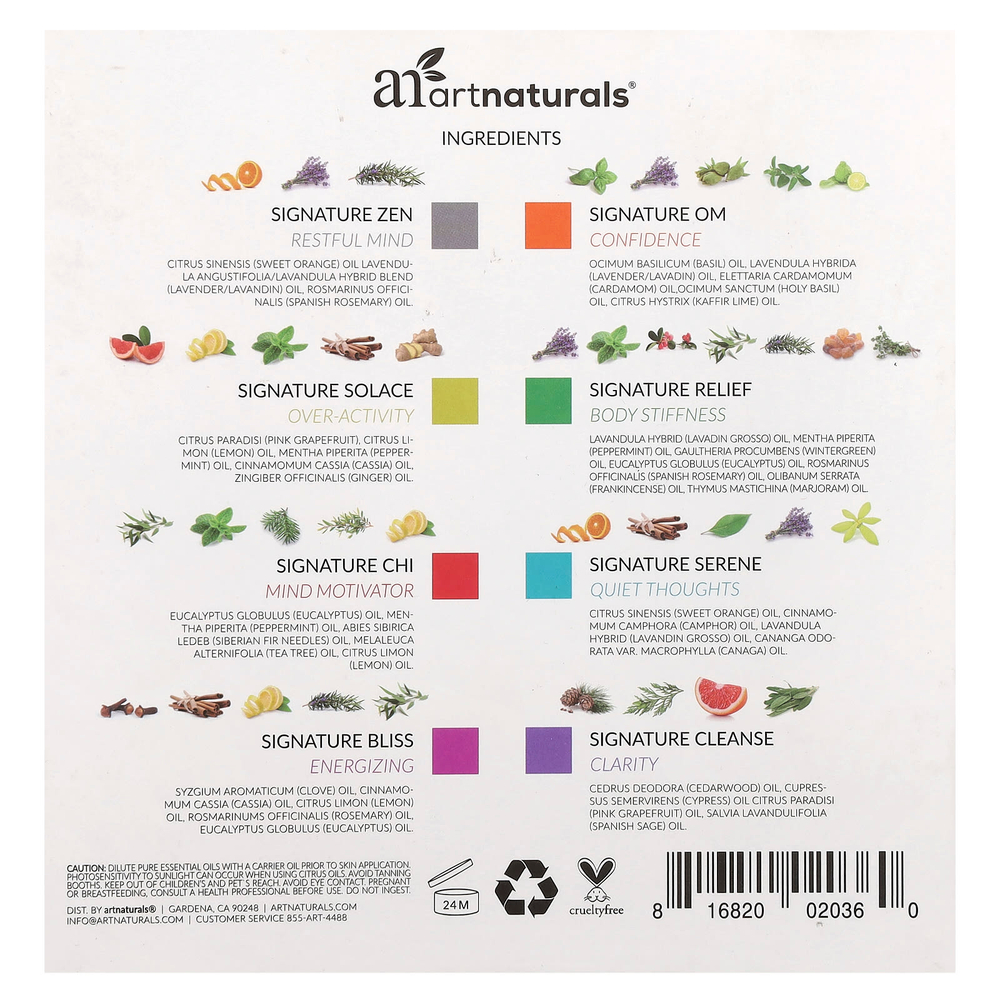 artnaturals, Набор эфирных масел, 8 лучших смесей, 8 флаконов по 10 мл (0,33 жидк. унц.)