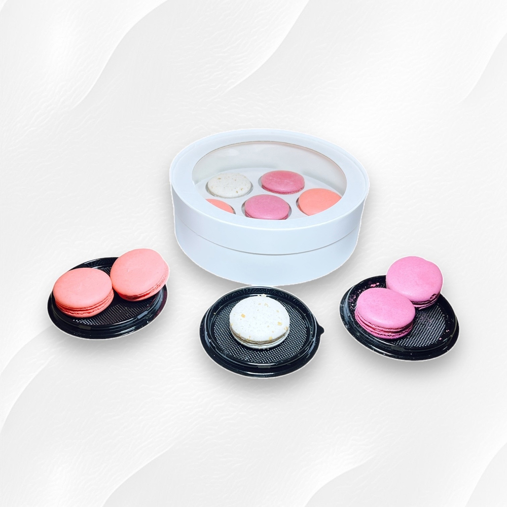 Коробка для макарон круглая с окном и ложементом (круглые ячейки) диам.200мм выс.60мм (7) (белая)