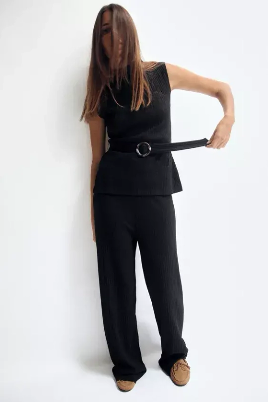 ZARA ТОП В РУБЧИК С ПОЯСОМ, ЧЕРНЫЙ