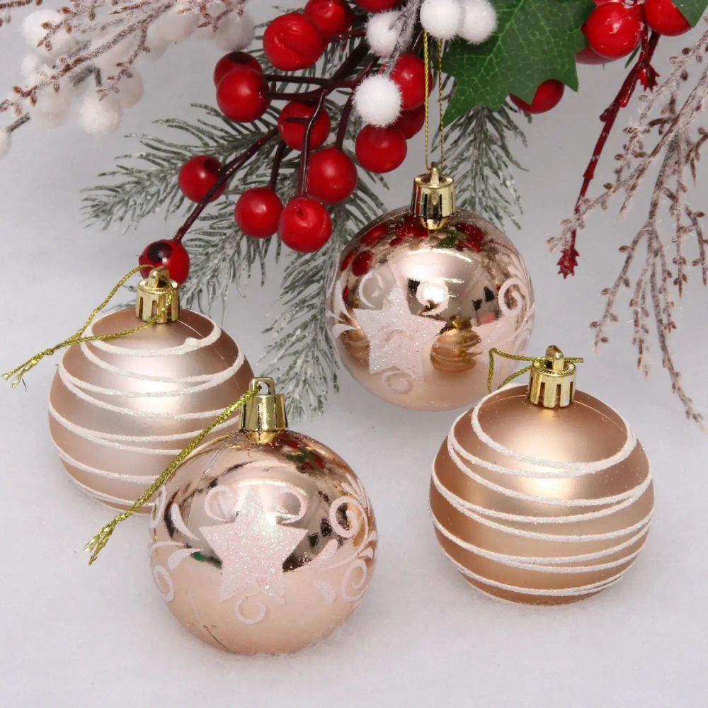 Новогодние шары 6 см (набор 4 шт) «Снежная дымка», Шампань