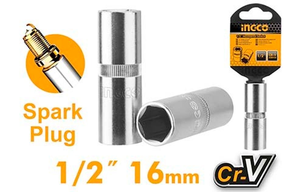 Головка для свечей зажигания 6 гр, 16 мм, 1/2",  INGCO HSPS12161 INDUSTRIAL