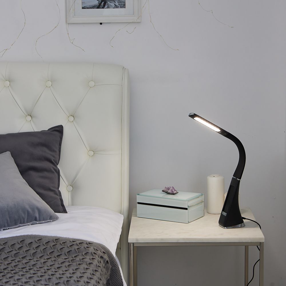 TLD-542 Black-LED-300Lm-5000K-Dimmer Светильник настольный c часами. календарем. термометром. 5W. Сенсорный выключатель. Черный стилизован под кожу. TM Uniel.