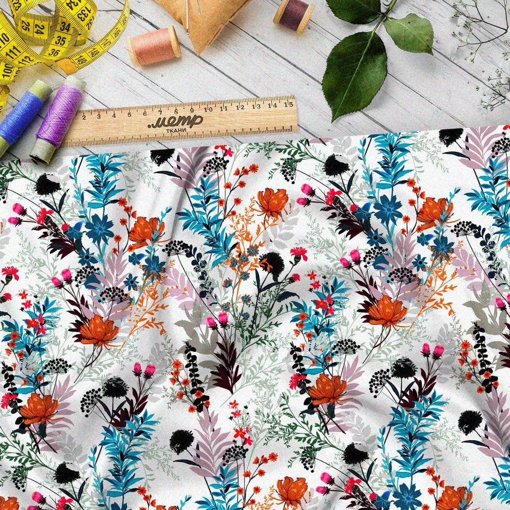 Ткань оксфорд 600 пёстрые полевые цветы на белом фоне