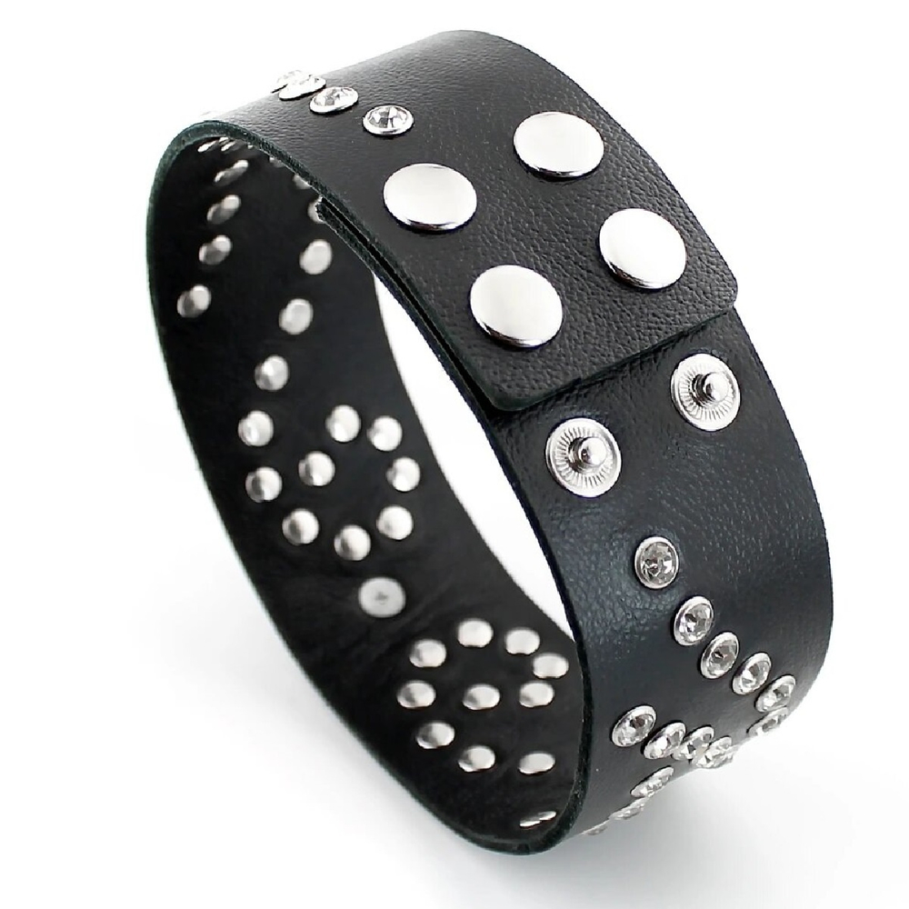 Ошейник широкий со стразами и поводком цепочкой кожа черный