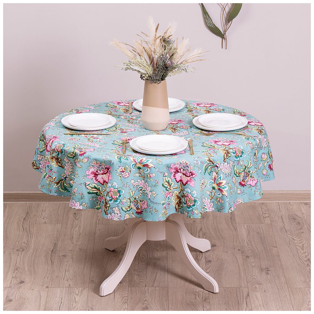 СКАТЕРТЬ КРУГЛАЯ "РАЙСКИЙ САД" D145 СМ, 100% ХЛОПОК,БИРЮЗА