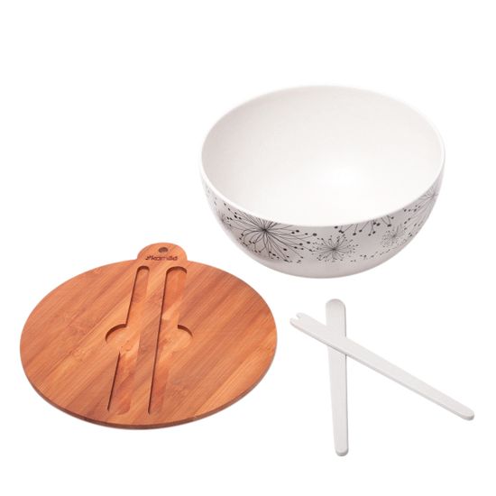 Миска для салата из бамбукового волокна Kamille КМ 4384 с бамбуковой крышкой и приборами