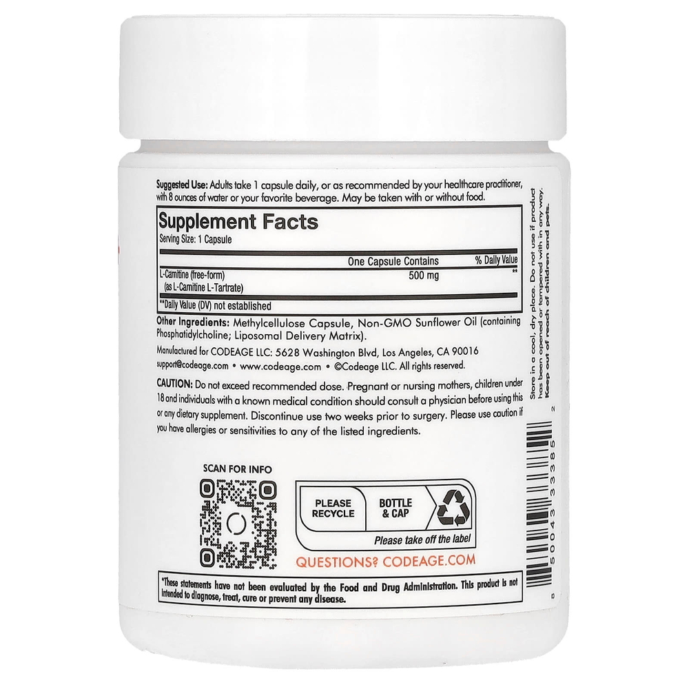 Codeage, липосомальный L-карнитин плюс, 500 мг, 90 капсул
