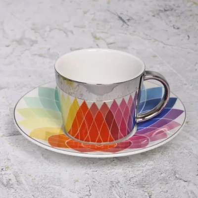 Чайная пара (зеркальная кружка 230мл+блюдце) анаморфный дизайн «Радуга»