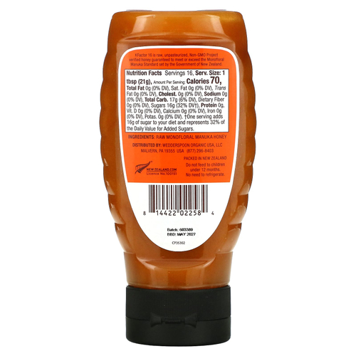 Wedderspoon, Сырой монофлорный мед манука, KFactor 16, 340 г (12 унций)