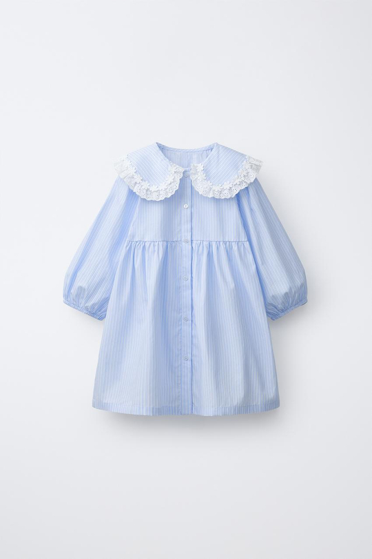 ZARA ПЛАТЬЕ ИЗ ПОПЛИНА С ВЫШИТЫМ ВОРОТНИКОМ, ГОЛУБОЙ