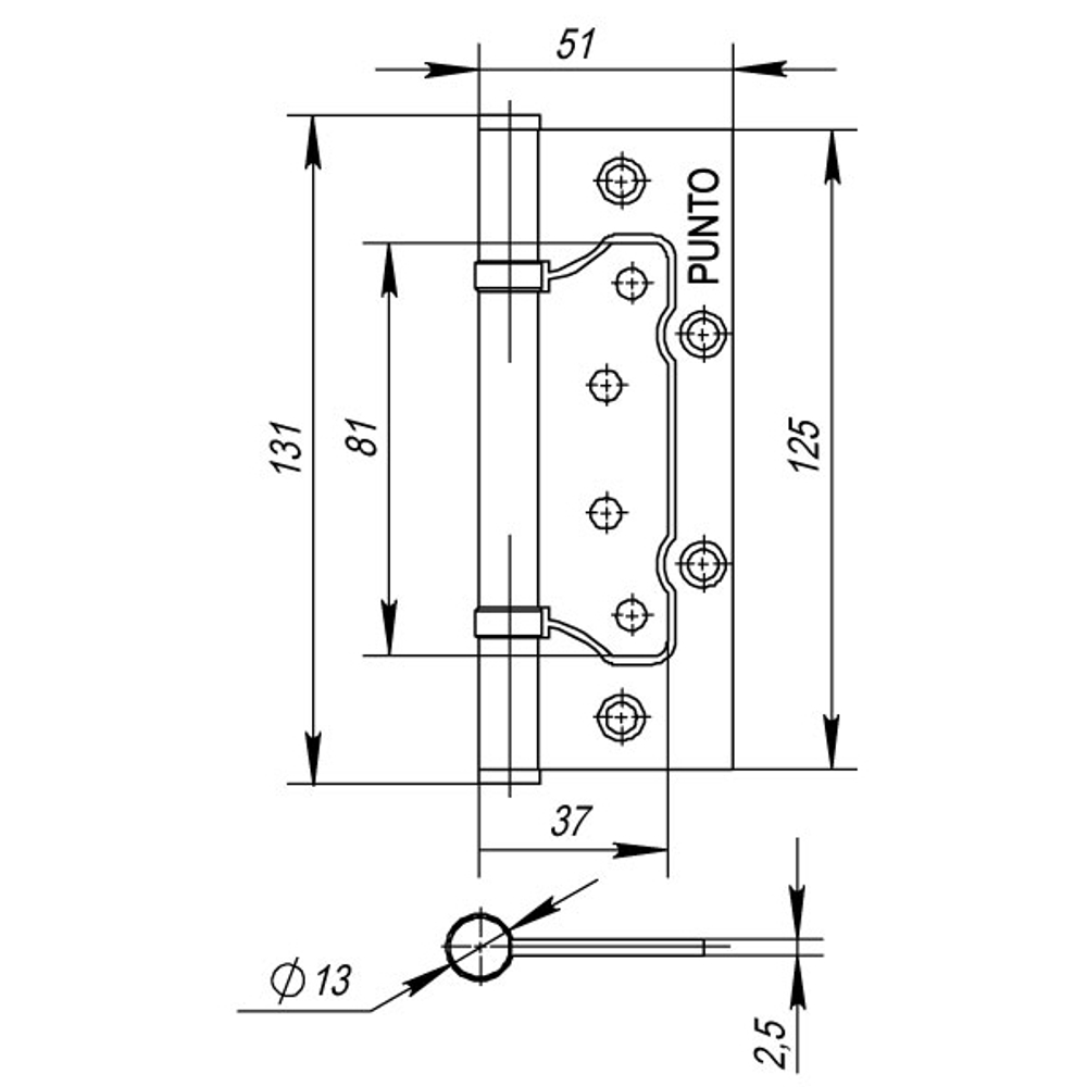 Петля универсальная без врезки 200-2B/HD 125x2,5 PN (мат. никель)
