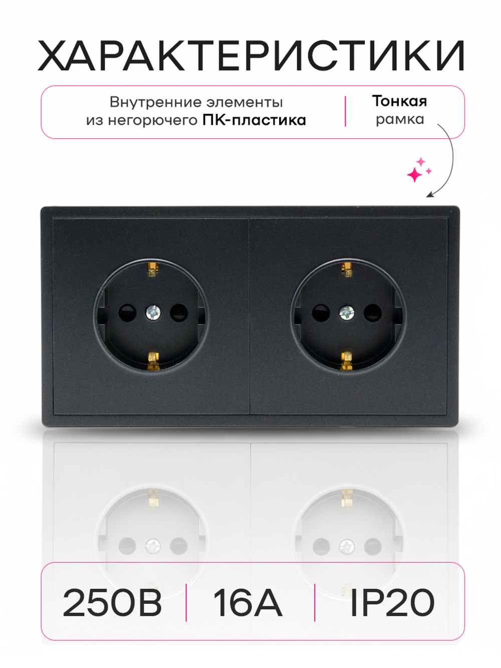 Розетка внутренняя двойная с заземлением черная