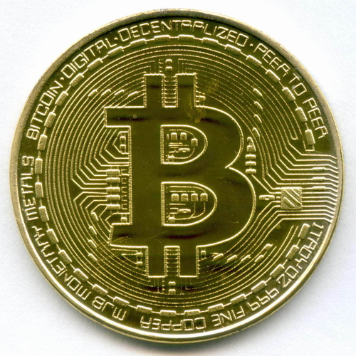Криптовалюта биткоин. Желтая сувенирная монета 40 мм в капсуле