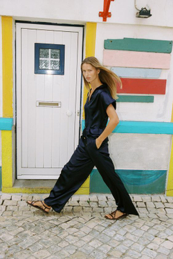 ZARA БРЮКИ WIDE LEG ИЗ АТЛАСНОЙ ТКАНИ, МОРСКОЙ СИНИЙ