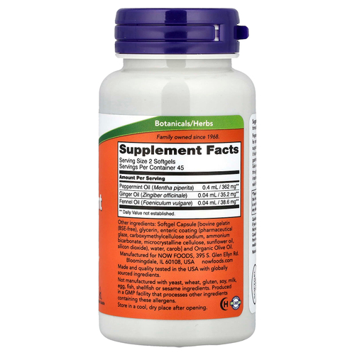 NOW Foods, капсулы с перечной мятой с маслами имбиря и фенхеля, 90 капсул