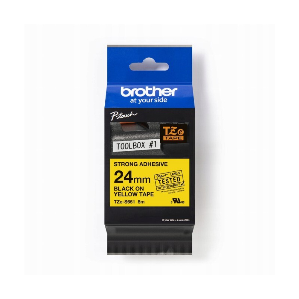 Brother TZES-651 кассета с лентой для печати наклеек повышенной адгезии, чёрный шрифт на жёлтой основе, 24мм*8м