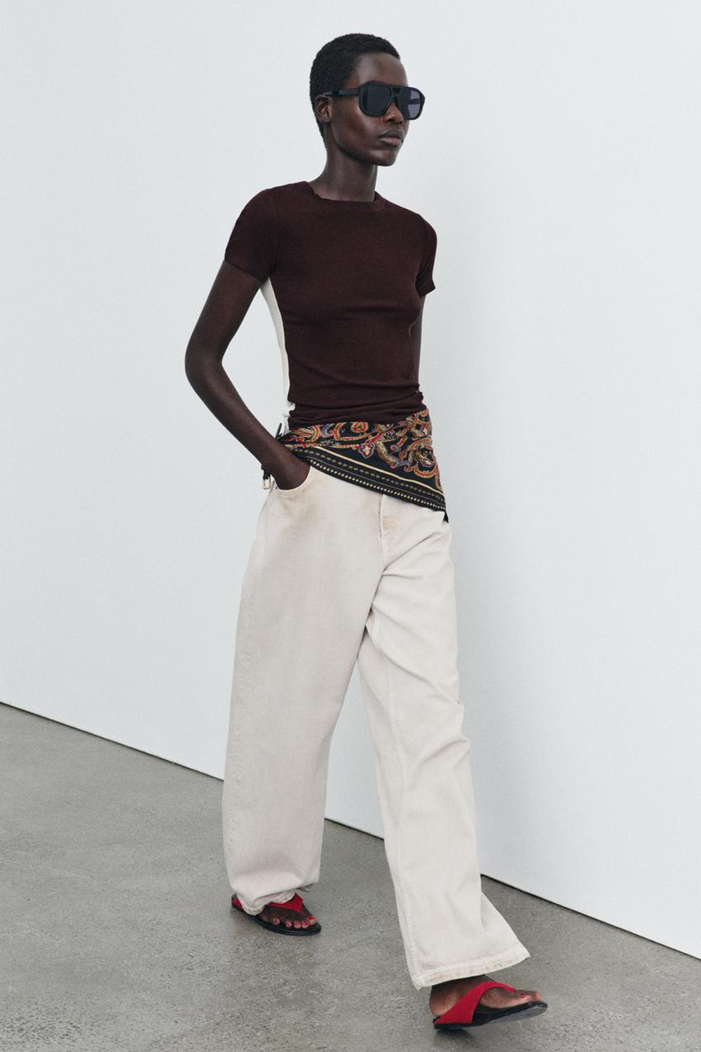 ZARA КОМБИНИРОВАННАЯ ФУТБОЛКА С КОРОТКИМИ РУКАВАМИ, БЕЖЕВО-КОРИЧНЕВЫЙ