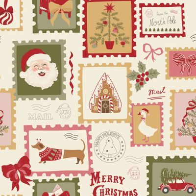 Винтажные новогодние марки с Дед Морозом, собакой, бантики, веточки