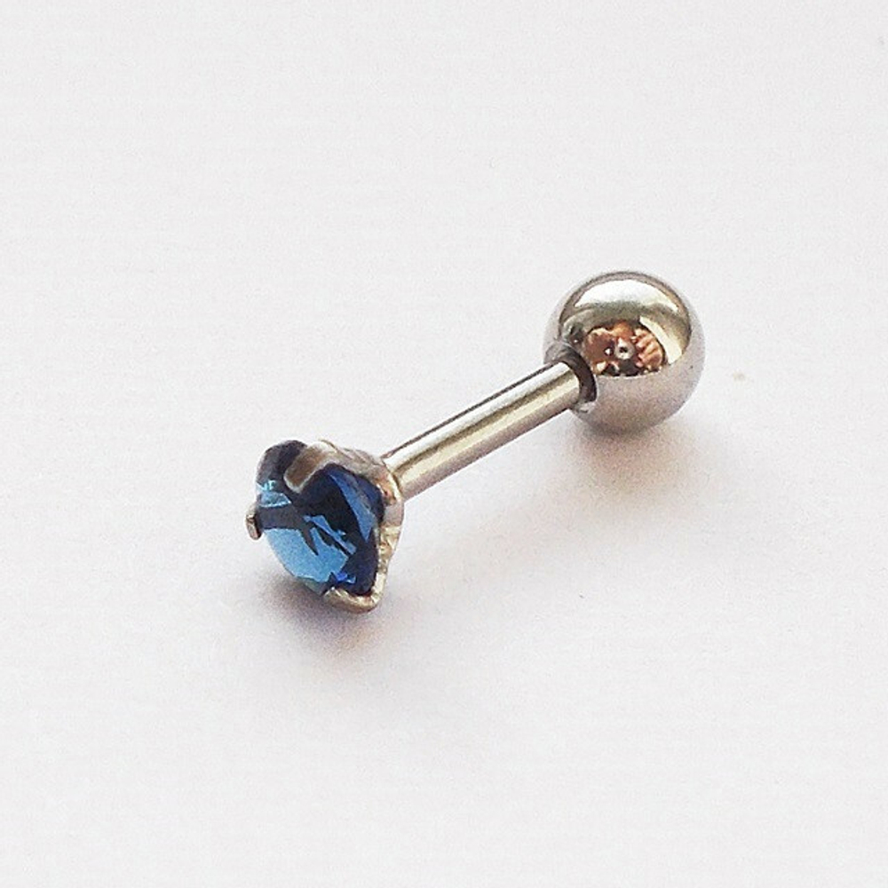Микроштанга ( 6мм) для пирсинга уха с синим кристаллом 4мм. Медицинская сталь. 1 шт.