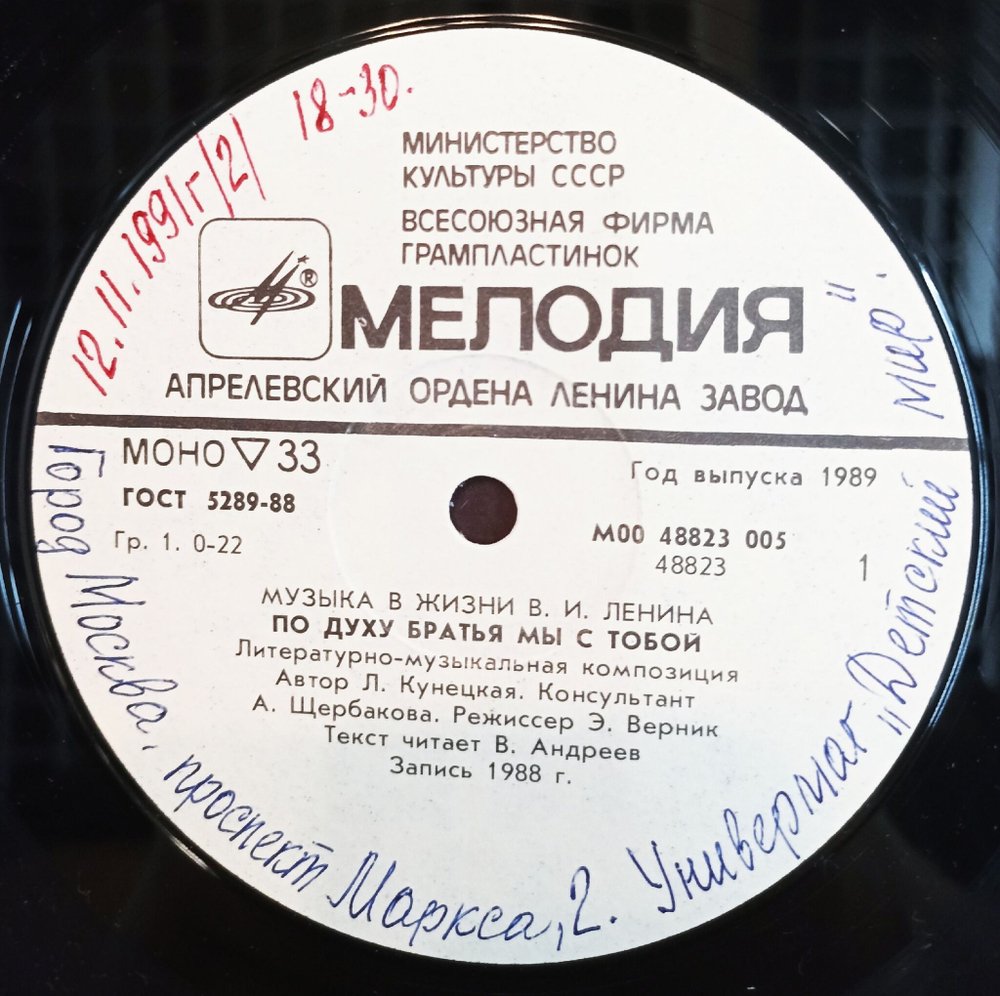 Винтажная виниловая пластинка LP Сборник Музыка В Жизни В.И. Ленина (СССР 1989)