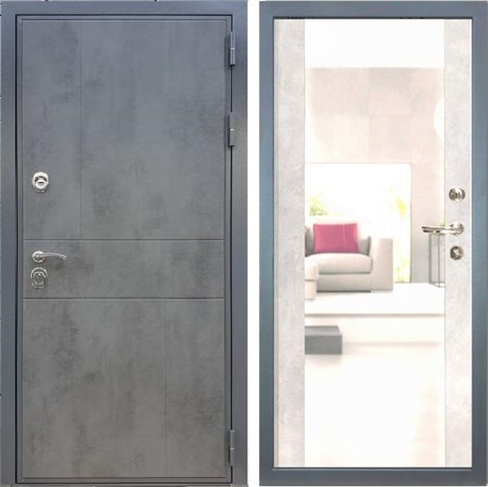 Входная металлическая дверь с зеркалом RеХ (РЕКС) Премиум 290 Темный бетон / СБ-16 Бетон светлый