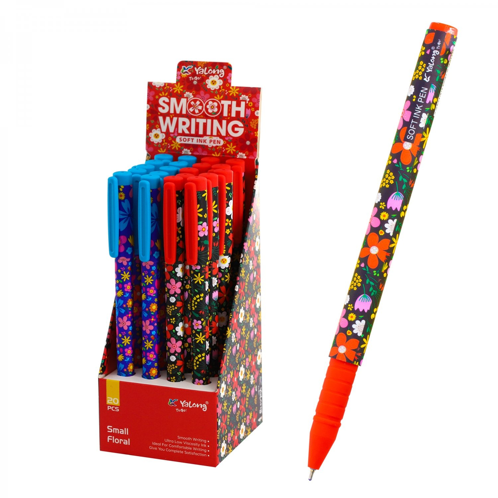 Ручка шариковая Yalong, на масляной основе, "Цветы", 0,7 мм, синяя, игольчатый наконечник, цветной пластиковый корус, карт. уп.