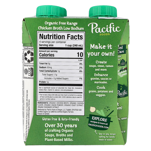 Pacific Foods, органический куриный бульон из курицы, с низким содержанием натрия, 4 картонных упаковки по 240 мл (8 жидк. унций)